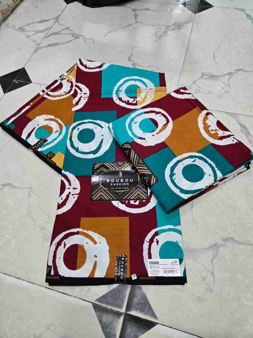 Boubou Fashion abstract color block pattern Ankara fabric with teal, maroon, and mustard mustard yellow painterly circles, 100% cotton African wax print