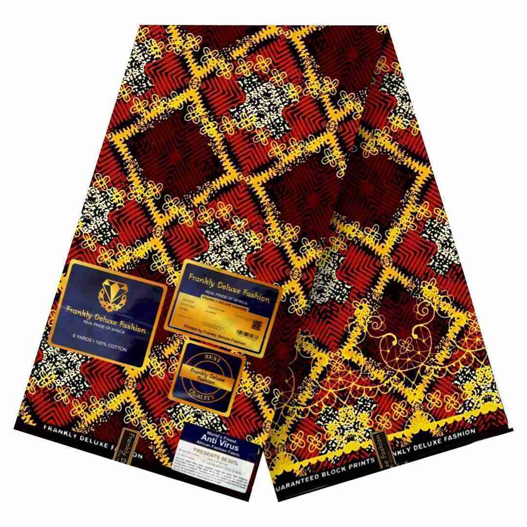 Crimson red and golden yellow diamond lattice floral Ankara fabric by Frankly Deluxe Fashion, 100% cotton premium wax print.