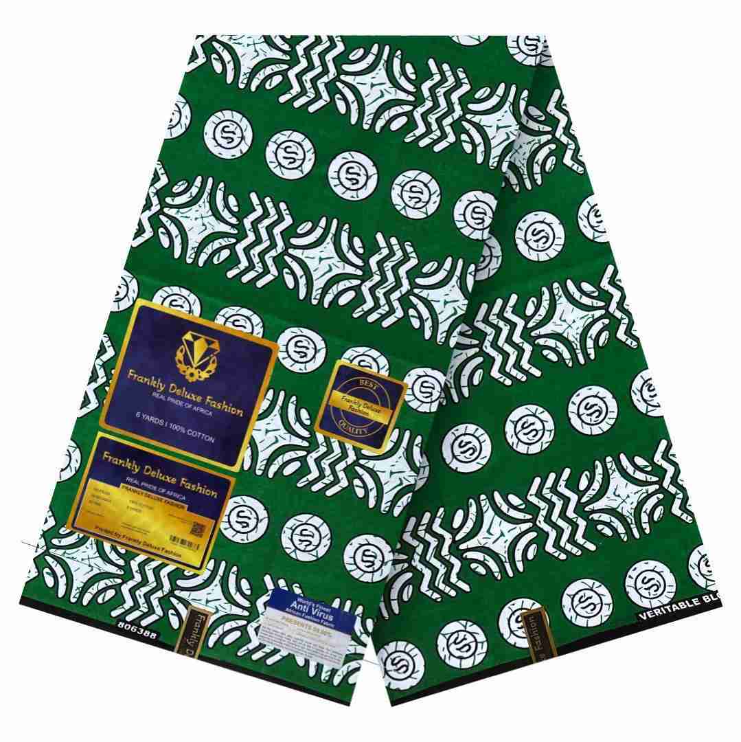 Forest green and white geometric zig-zag and medallion Ankara fabric by Frankly Deluxe Fashion, 100% cotton premium wax print