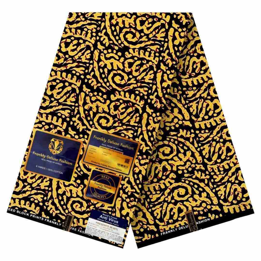 Gold and black abstract swirl organic pattern Ankara fabric by Frankly Deluxe Fashion, 100% cotton premium wax print