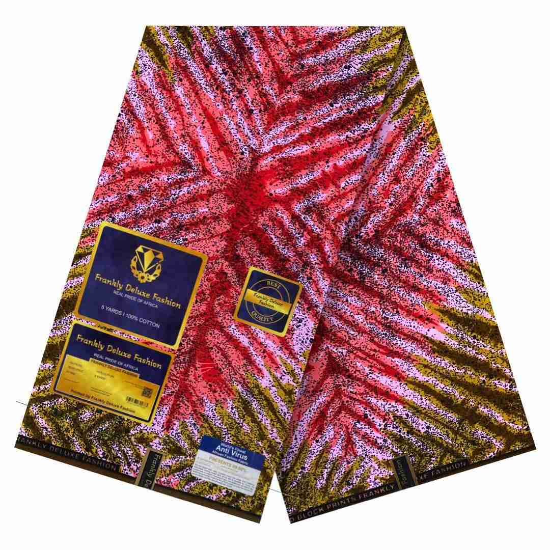Hot pink and olive gold starbust pattern on 100% cotton wax print by frankly deluxe fashion
