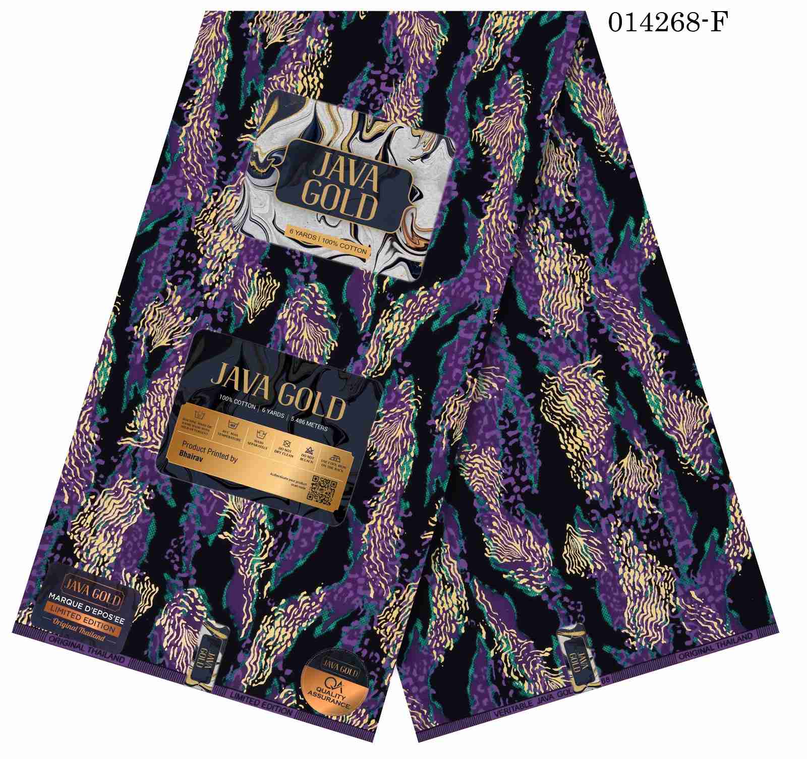 Java Gold limited edition Ankara fabric with royal purple and gold abstract leopard and tiger ripple pattern, 100% cotton premium wax print.