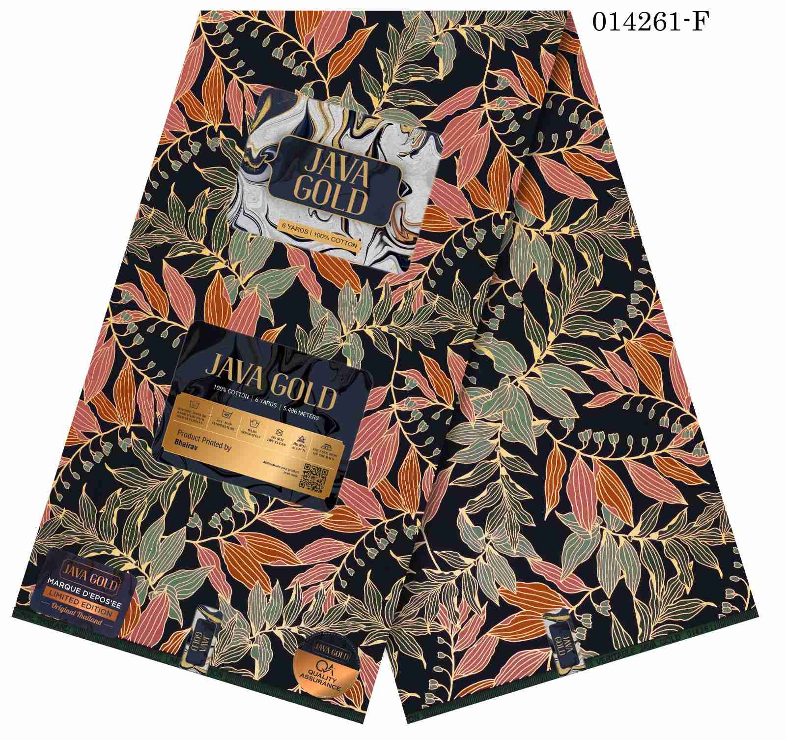 Java Gold limited edition Ankara fabric with terracotta and sage green autumn leaf pattern, 100% cotton premium wax print.