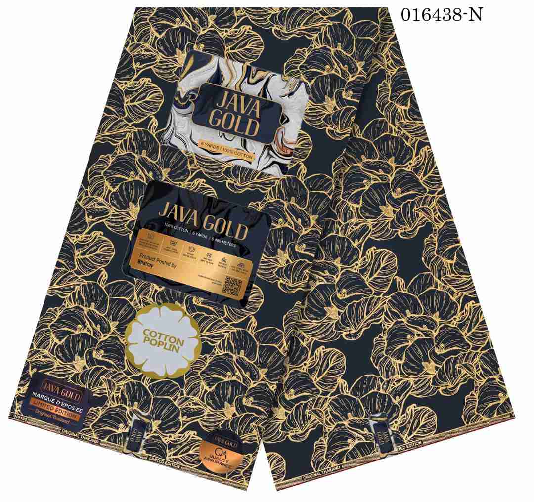 Java Gold limited edition black and gold floral filigree Ankara fabric, 100% cotton poplin premium luxury wax print.
