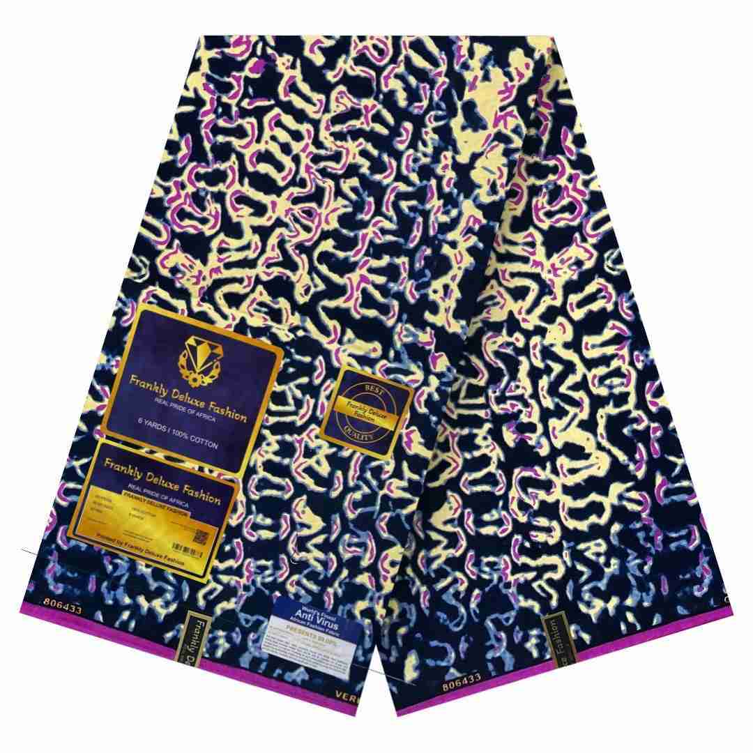Navy blue Ankara fabric with abstract pale yellow and pink geometric patterns by Frankly Deluxe Fashion, 100% cotton wax print.