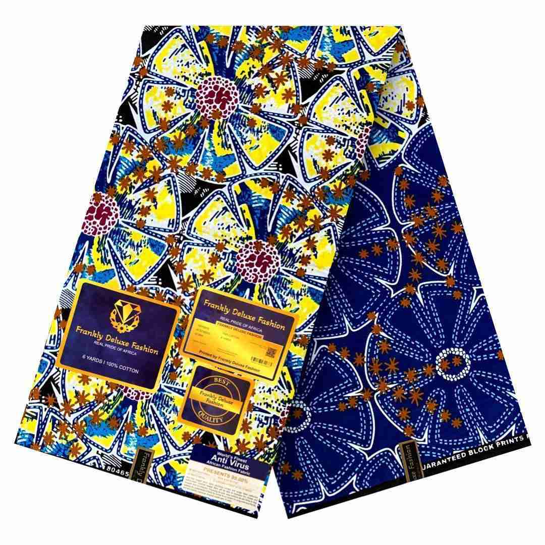 Navy blue and yellow floral mandala star pattern Ankara fabric by Frankly Deluxe Fashion, 100% cotton premium wax print.