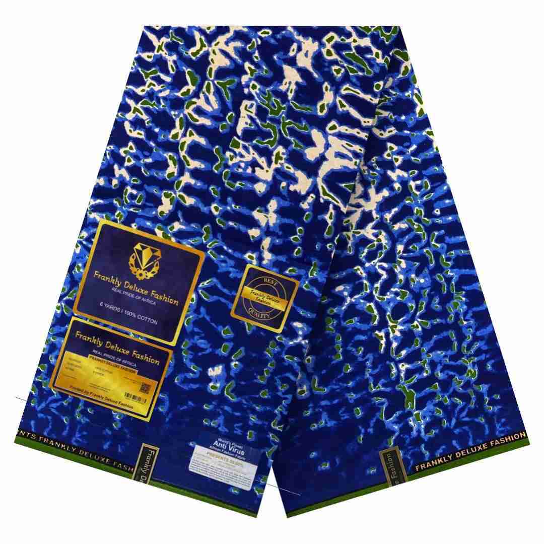 Royal blue and emerald green abstract mosaic Ankara fabric by Frankly Deluxe Fashion, 100% cotton premium wax print