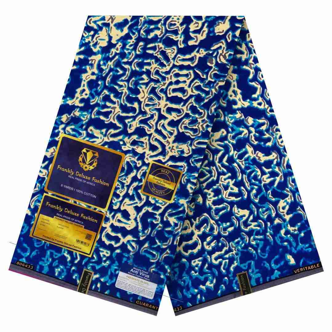 Royal blue and teal abstract marbled Ankara fabric by Frankly Deluxe Fashion, 100% cotton premium wax print.