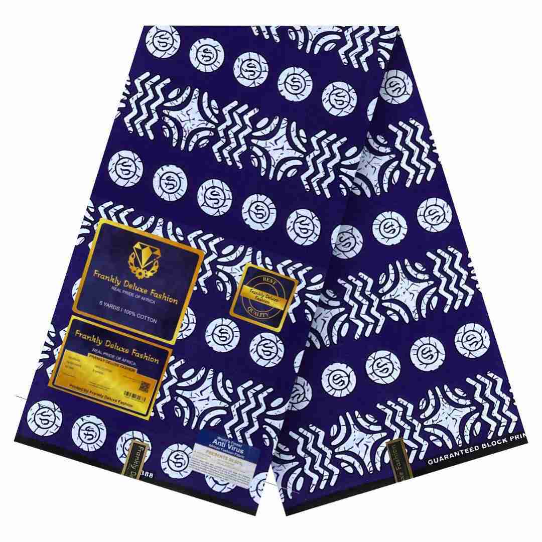 Royal blue and white geometric zig-zag and medallion Ankara fabric by Frankly Deluxe Fashion, 100% cotton premium wax print.