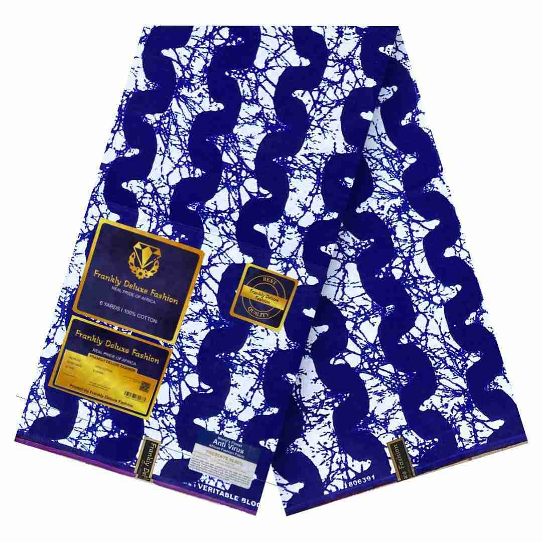 Royal blue and white wave pattern Ankara fabric with crackled background by Frankly Deluxe Fashion, 100% cotton premium wax print