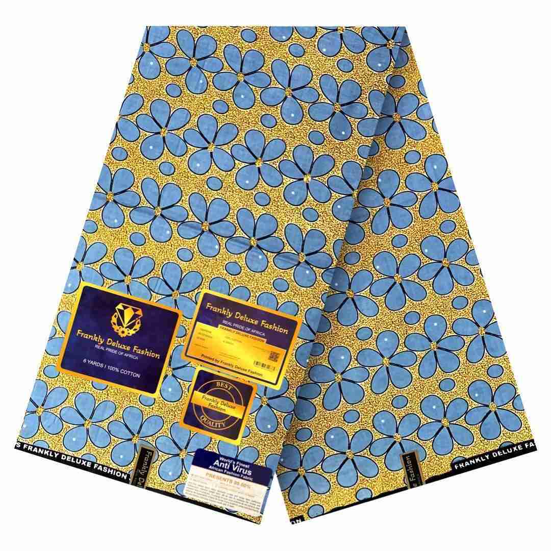 Sky blue and gold daisy floral Ankara fabric by Frankly Deluxe Fashion, 100% cotton premium wax print.