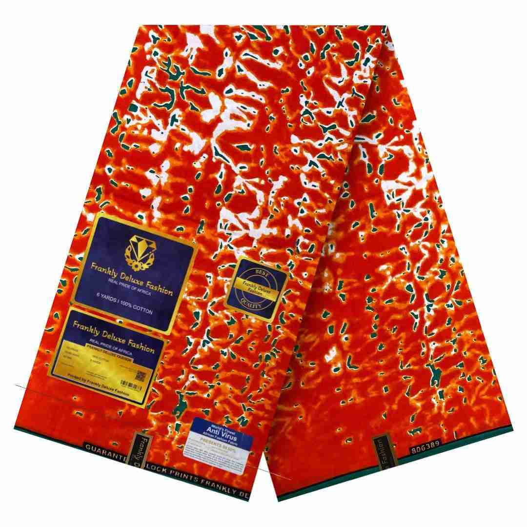 Tangerine orange and teal abstract marbled Ankara fabric by Frankly Deluxe Fashion, 100% cotton premium wax print