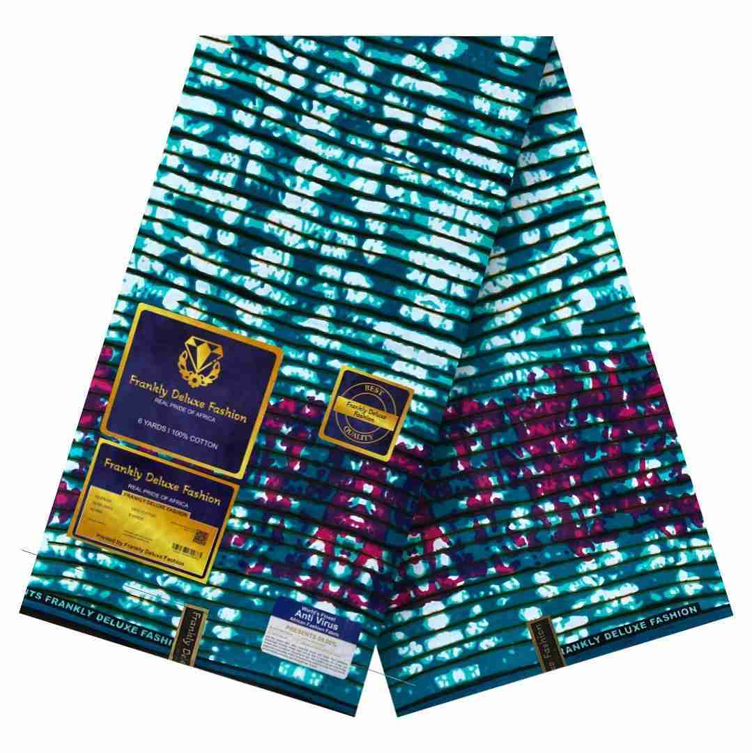 Teal blue and magenta horizontal striped linear Ankara fabric by Frankly Deluxe Fashion, 100% cotton premium wax print.