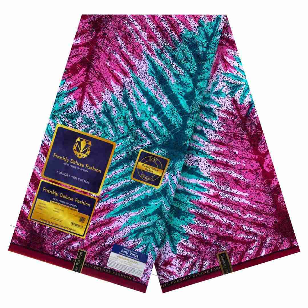 Vibrant turquoise and fuchsia abstract sunburst Ankara fabric by Frankly Deluxe Fashion, 100% cotton premium wax print.