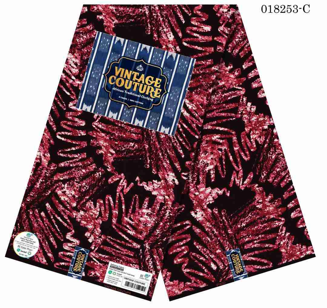 Vintage Couture crimson red and black fern botanical pattern Ankara fabric, 100% cotton premium African wax print.