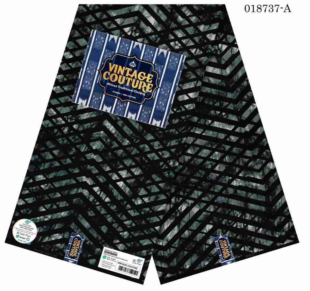 Vintage Couture emerald green and charcoal black geometric grid lattice pattern Ankara fabric, 100% cotton premium African wax print.
