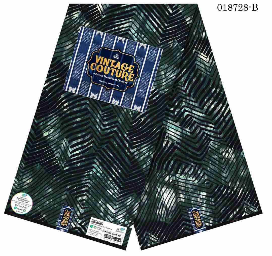 Vintage Couture emerald green and charcoal grey geometric maze pattern Ankara fabric, 100% cotton premium African wax print