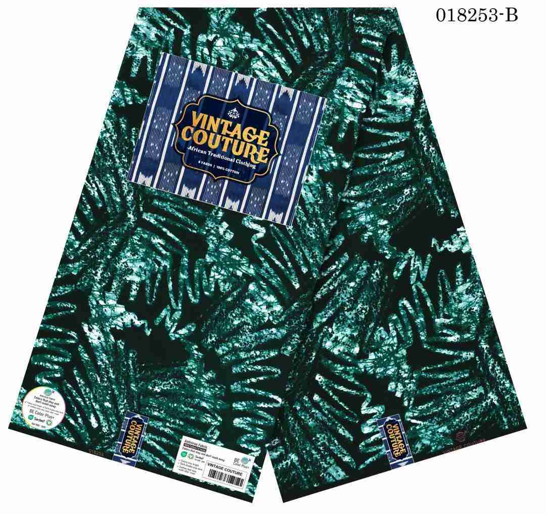 Vintage Couture teal and white fern botanical pattern Ankara fabric, 100% cotton premium African wax print.
