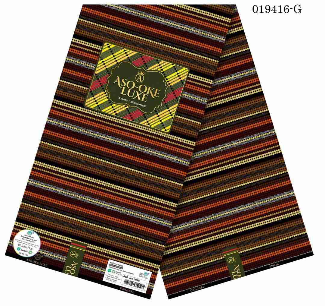 Aso-Oke Luxe copper orange, ochre gold, and chocolate brown traditional horizontal stripe pattern fabric, 100% cotton premium African textile print.