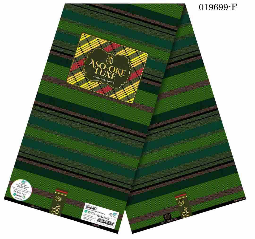Aso-Oke Luxe emerald green, forest green, earth brown, and black bold horizontal block stripe pattern fabric, 100% cotton premium African textile prin