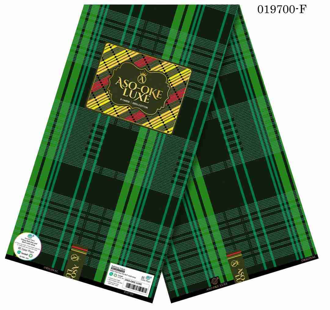 Aso-Oke Luxe lime green, forest green, jade green, and black bold plaid check pattern fabric, 100% cotton premium African textile print