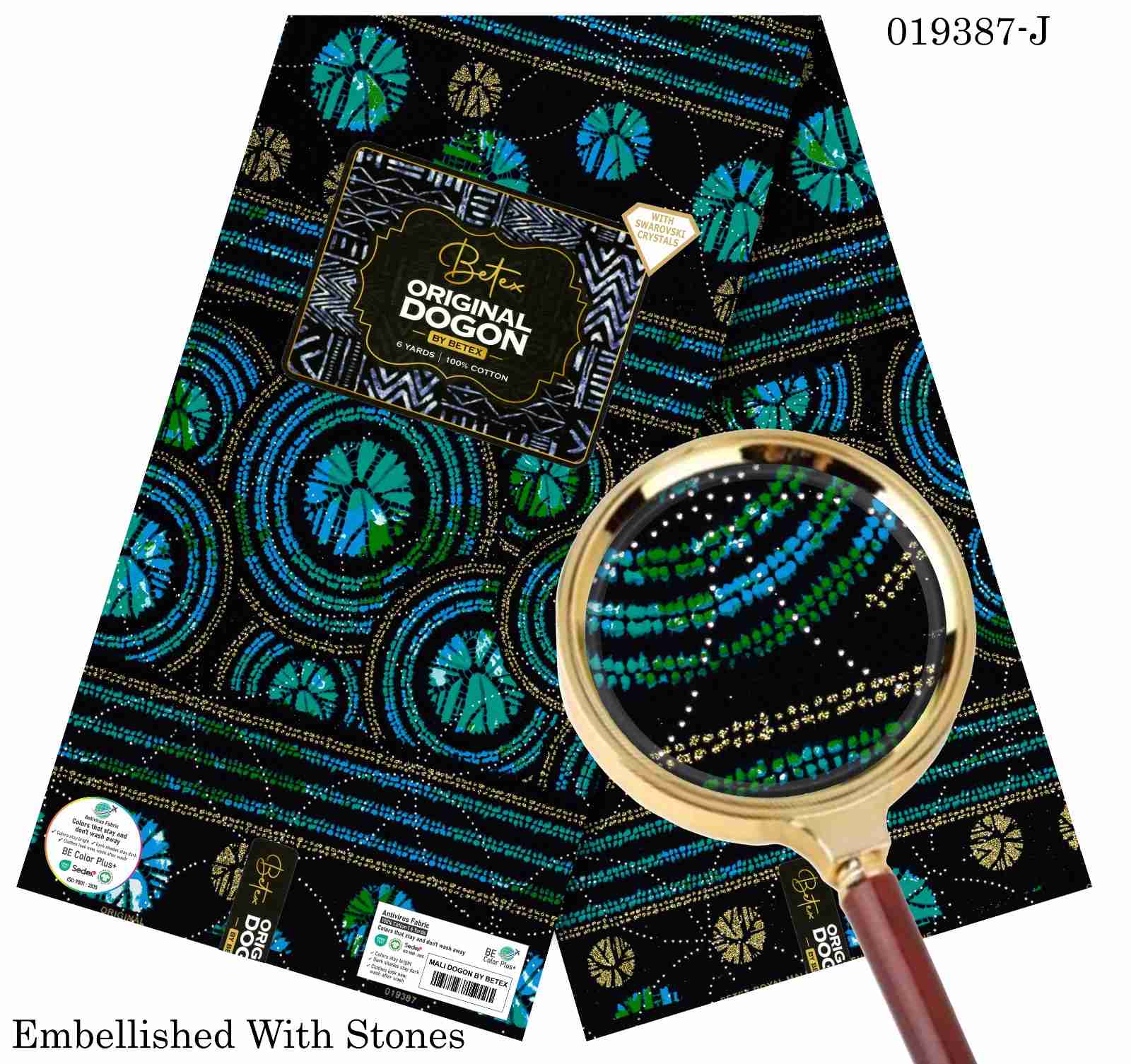Betex Original Dogon Concentric Wheel Ankara fabric presenting layered circular ripples in vibrant turquoise, emerald green, and gold against a dark black setting, embellished with stone cry