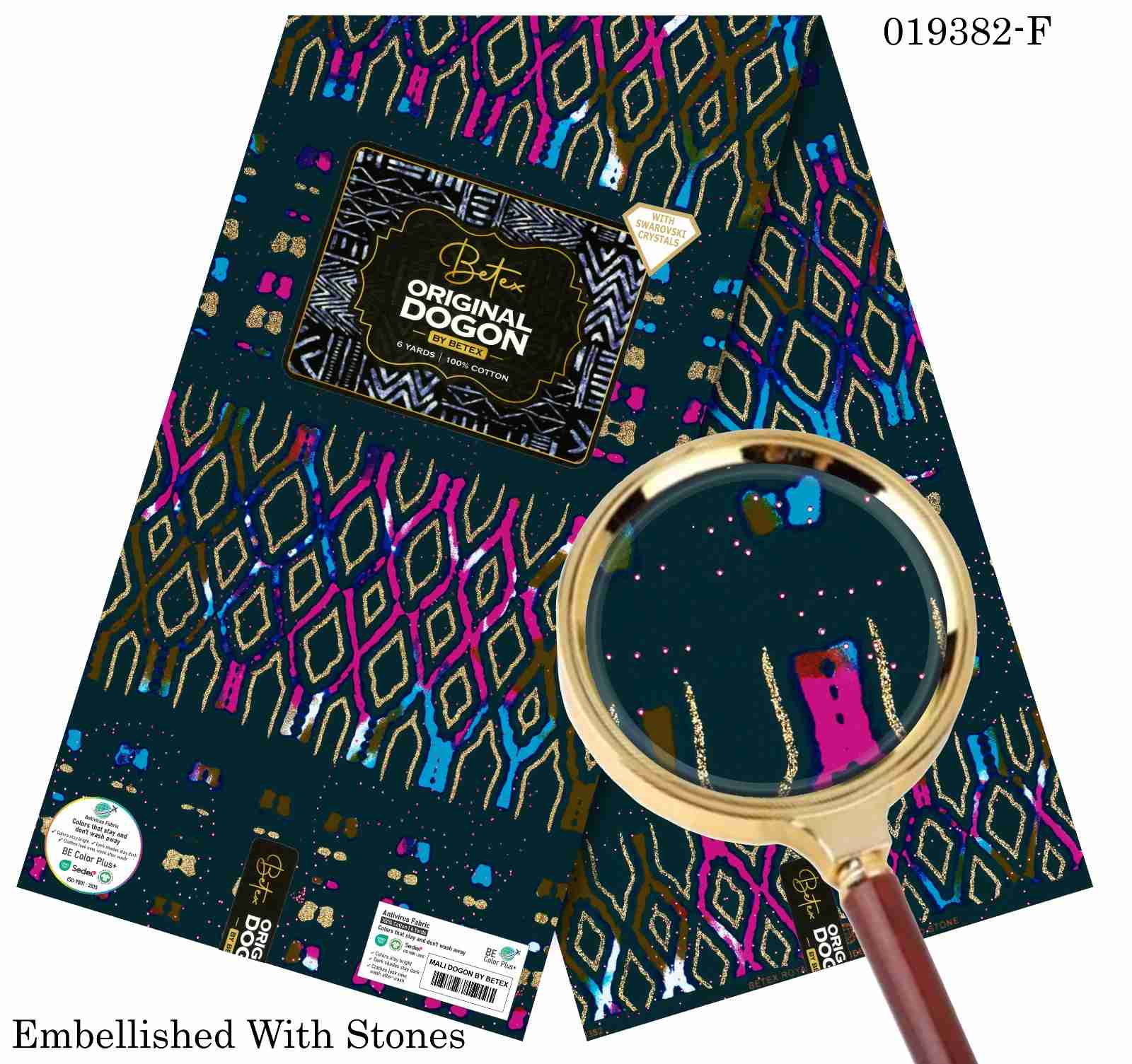 Betex Original Dogon Geometric diamond-grid Ankara fabric featuring an electric mix of magenta pink, cyan blue, and golden-yellow borders over a deep teal background, embellished with
