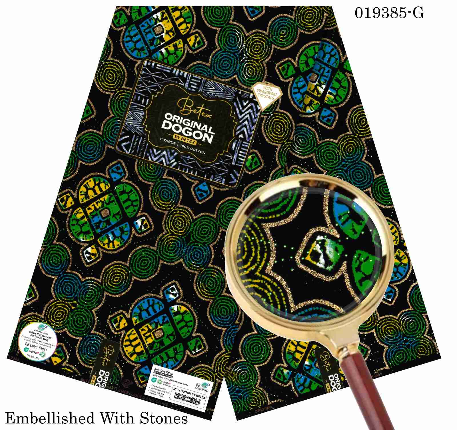 Betex Original Dogon intricate tribal shield Ankara fabric highlighted with layered geometric patterns in lime green, turquoise, and yellow bordered by brilliant gold dust on black, embellis