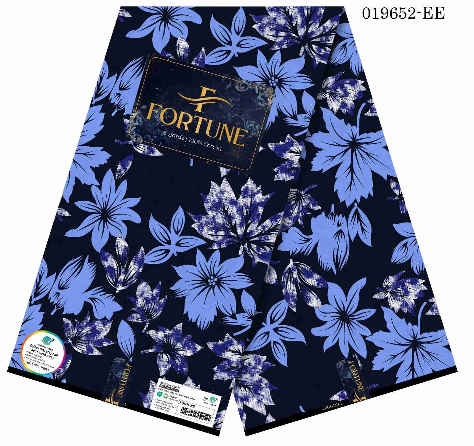 Cool-tone botanical maple leaf Ankara fabric displaying periwinkle and cornflower blue floral motifs mixed with marbled blue-and-white foliage over a rich midnight navy background,