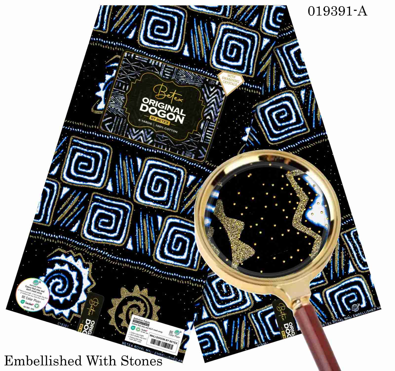 Cool-toned spiral Betex Original Dogon Ankara fabric showcasing multi-layered concentric squares and wavy sun motifs in royal blue, cornflower blue, and shimmering gold over a black b