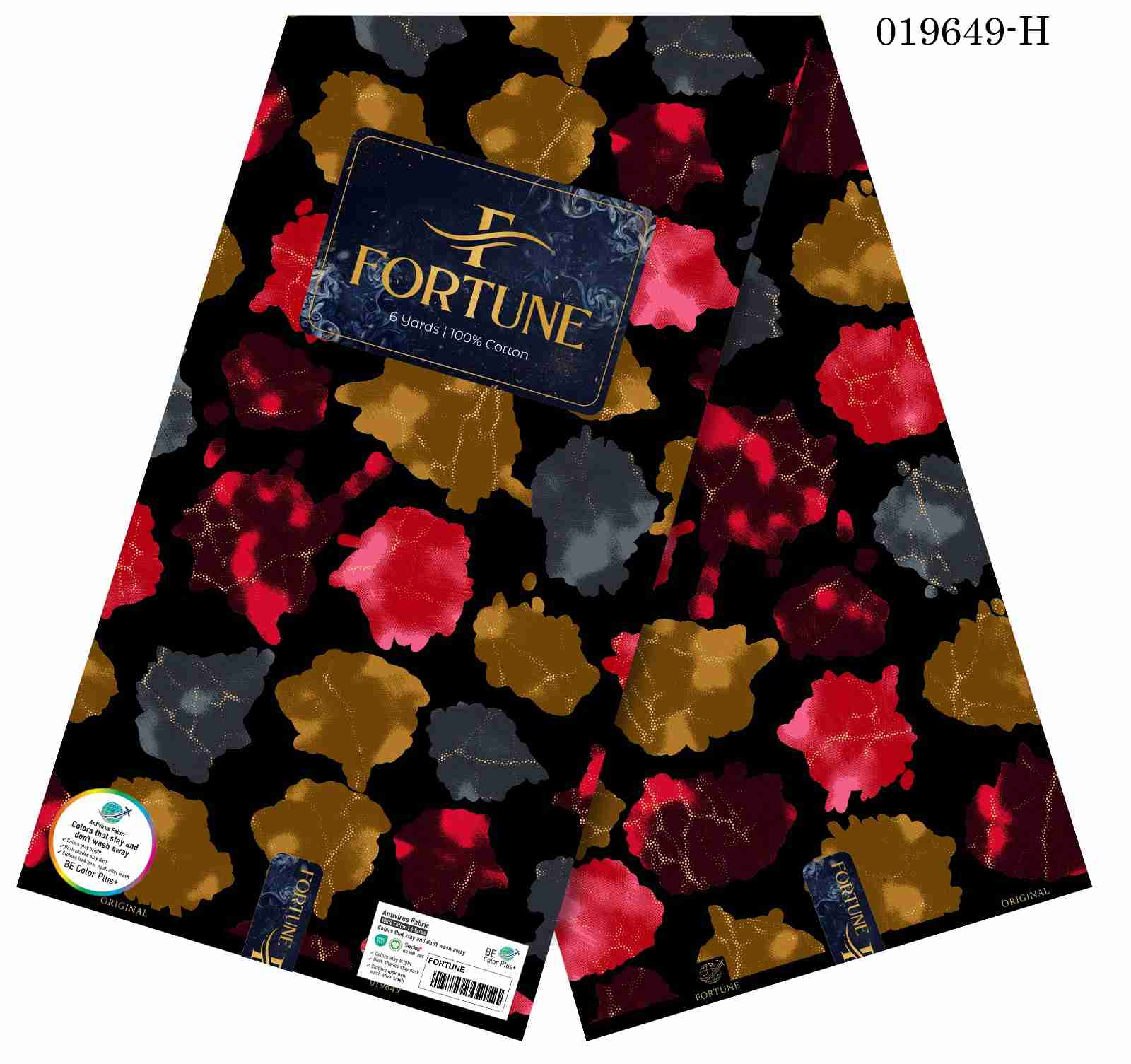 Fortune Abstract Camouflage Cloud Ankara fabric featuring organic, ink-blot shapes in deep crimson red, warm bronze-gold, and muted slate grey detailed with delicate gold stippling on a dark